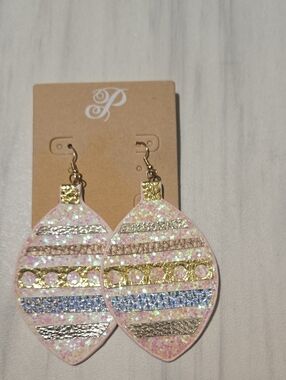Pink Glitter Stripe Teardrop Christmas Earrings